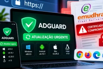 Escudo do AdGuard ao lado de um cadeado HTTPS com alerta vermelho indicando AdGuard atualização urgente.