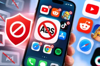 Interface de aplicativo para bloquear anúncios no iPhone e no YouTube em funcionamento na tela do celular.