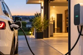 Pessoa conectando o cabo na garagem de casa para carregar o carro elétrico wallbox.