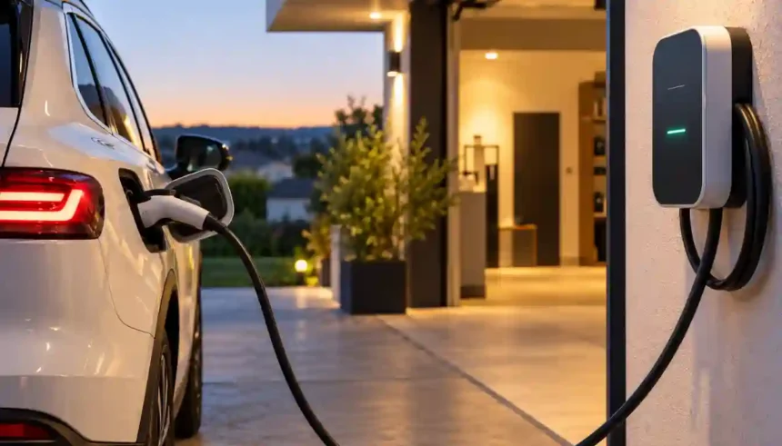 Pessoa conectando o cabo na garagem de casa para carregar o carro elétrico wallbox.