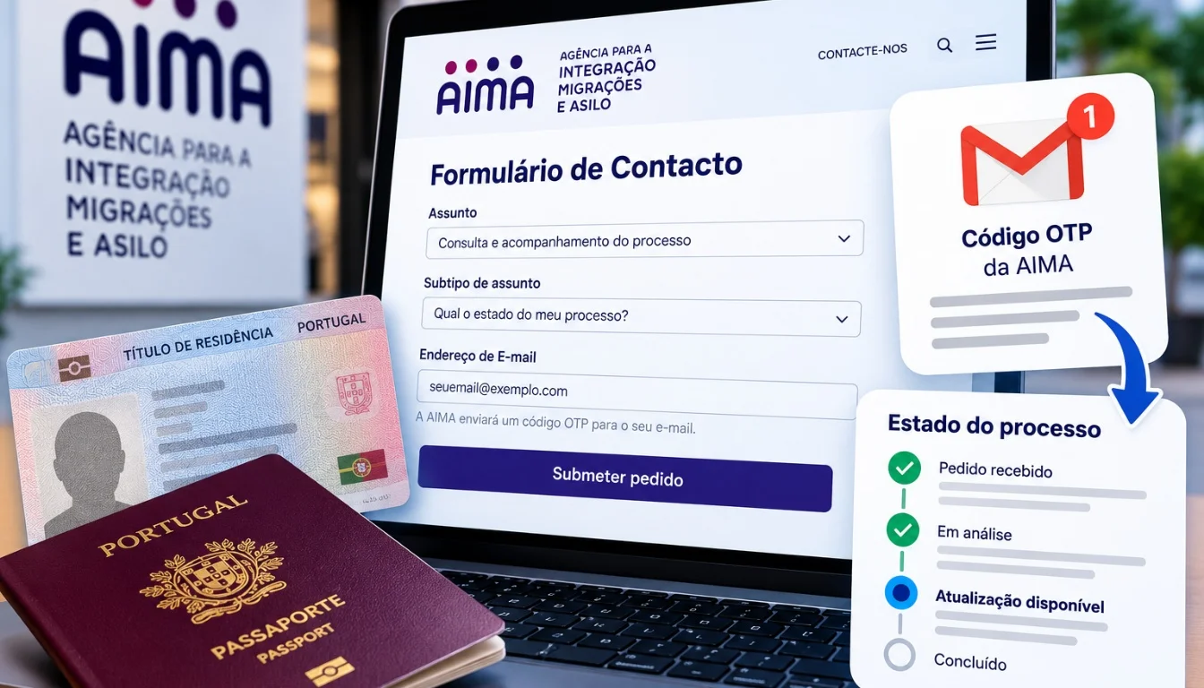 Pessoa usando notebook para consultar e acompanhar o estado do processo na AIMA em um portal.