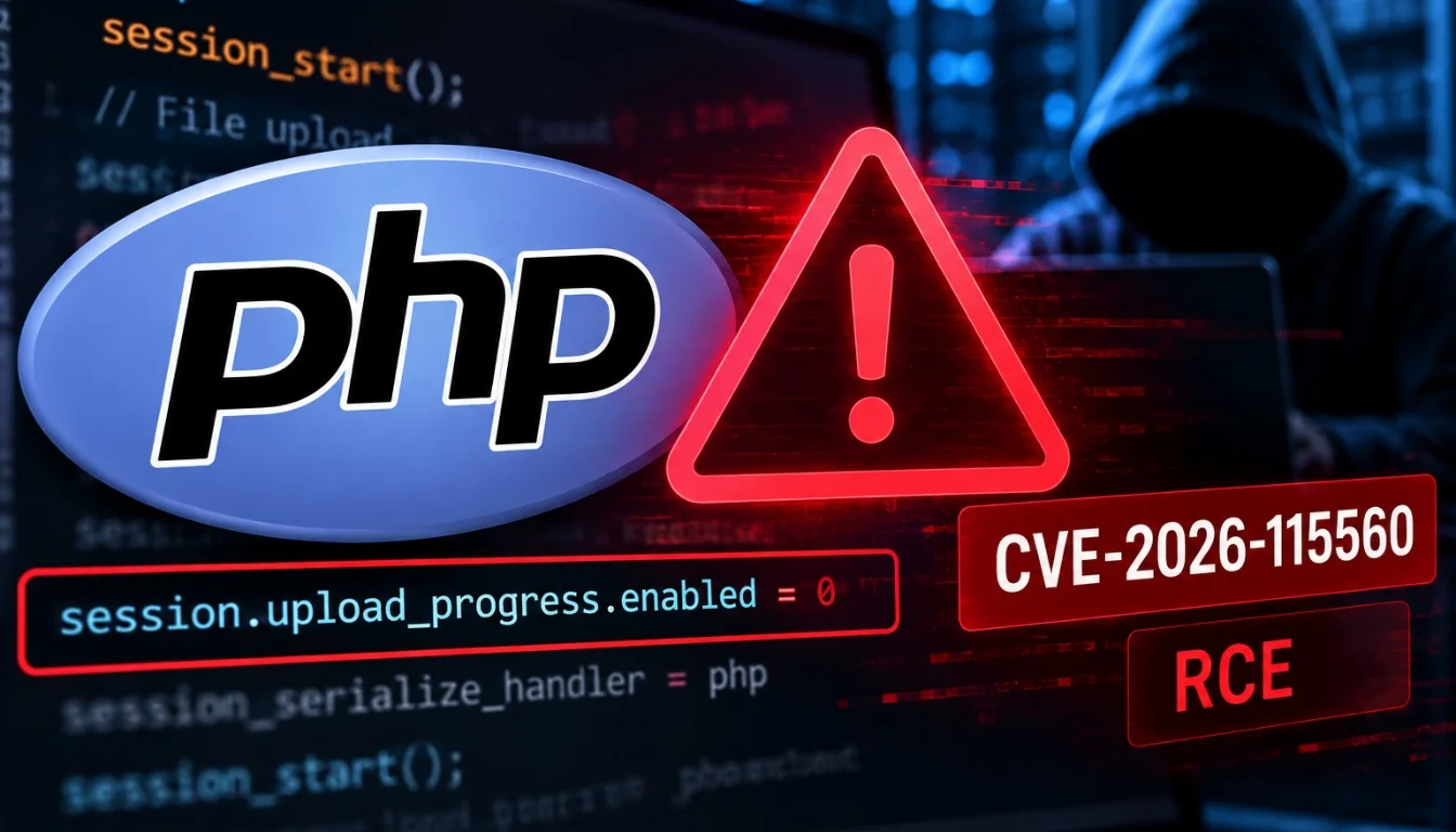 Logo do PHP com símbolo de alerta vermelho destacando a vulnerabilidade RCE identificada como CVE 2026 115560.