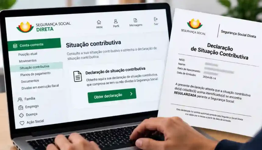 Pessoa usa notebook para emitir a declaração de não dívida Segurança Social em uma mesa de trabalho.