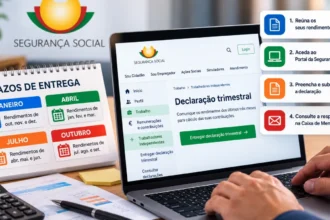 Pessoa no computador preenchendo a declaração trimestral Segurança Social com documentos sobre a mesa.
