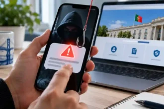 Smartphone exibe notificação de golpe com SMS falsos Segurança Social e ícone de alerta na tela.